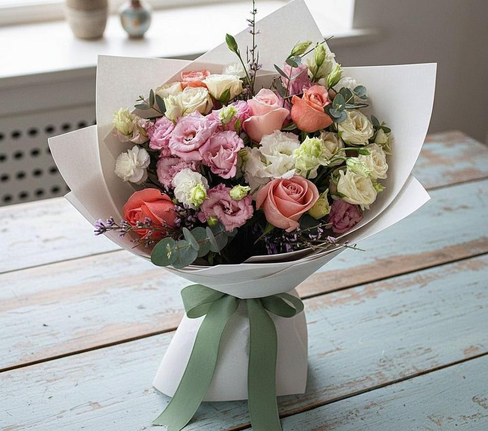 Букет цветов из: Розы, Лизиантусы и Гвоздики в Арске